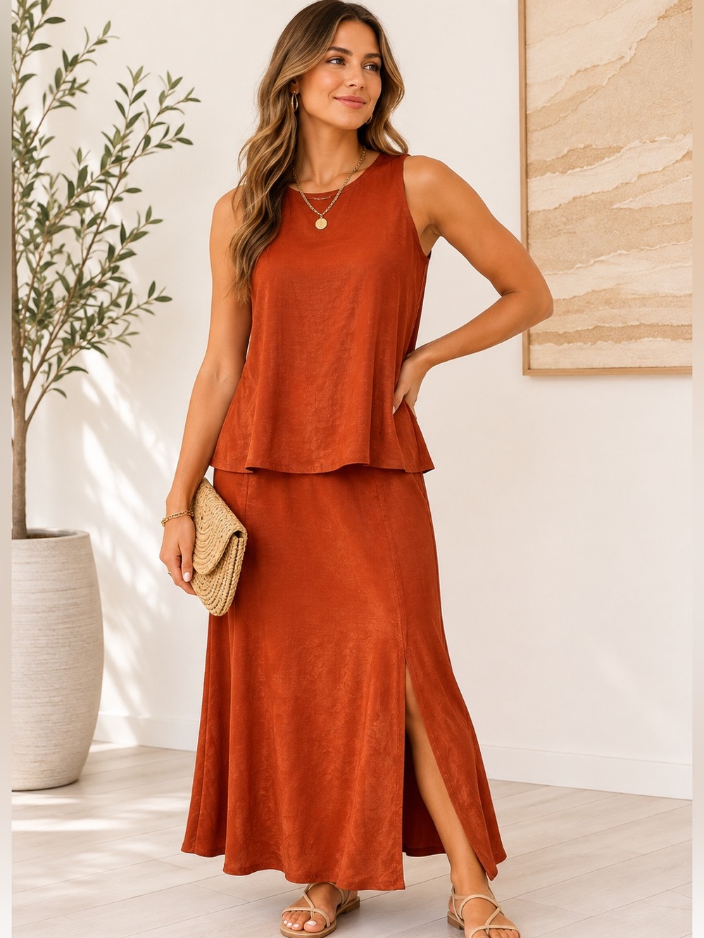 Time and Tru Rust 2 Piece Top Maxi Skirt Set NWT S 4-6